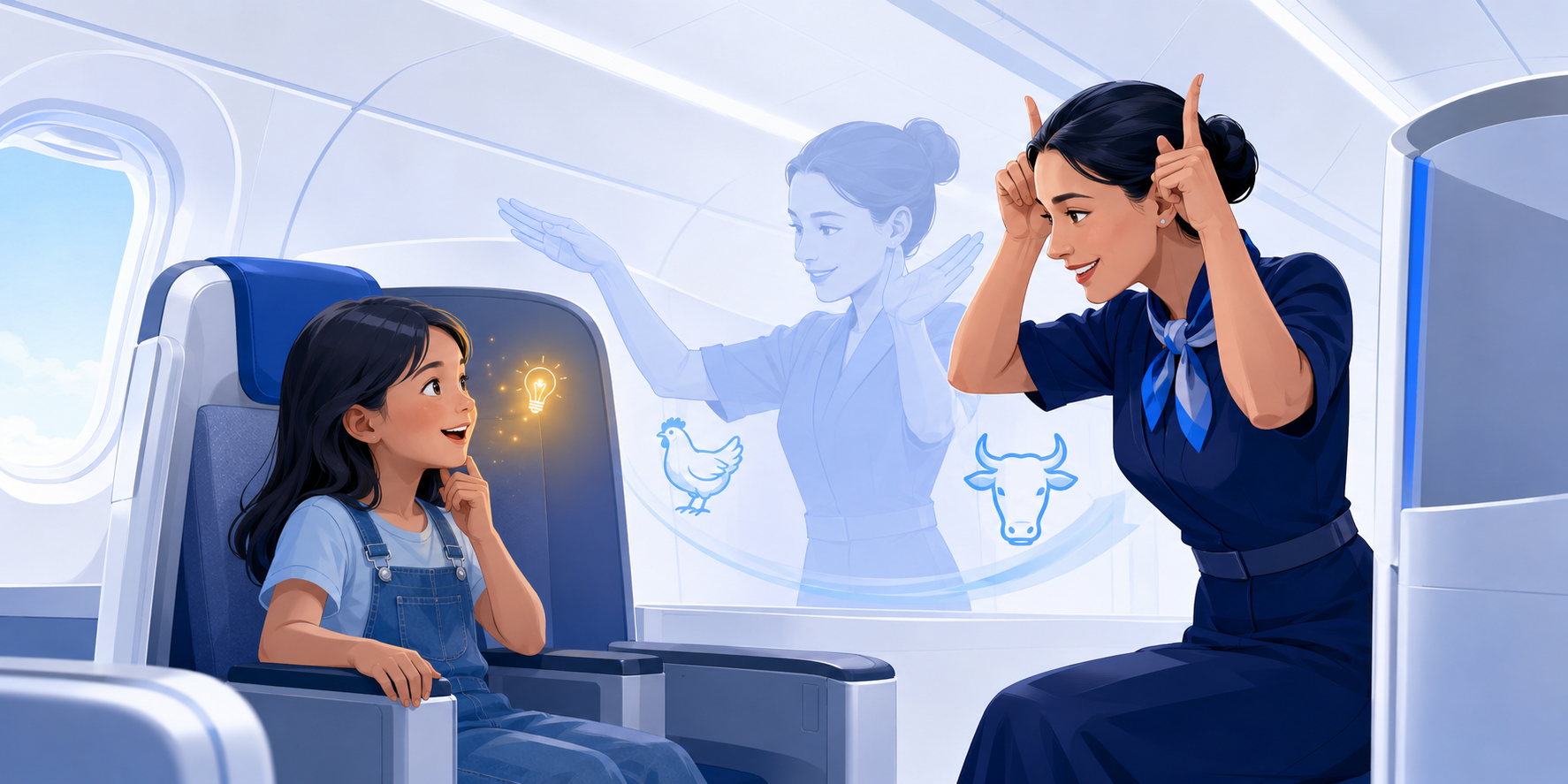 Una azafata representa alas y cuernos para que una niña comprenda una elección durante un vuelo.
